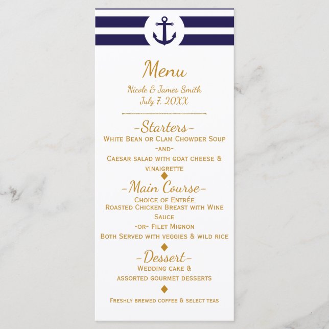 Blue Nautical Anchor & Rand Bröllop Menu Meny (Framsida)