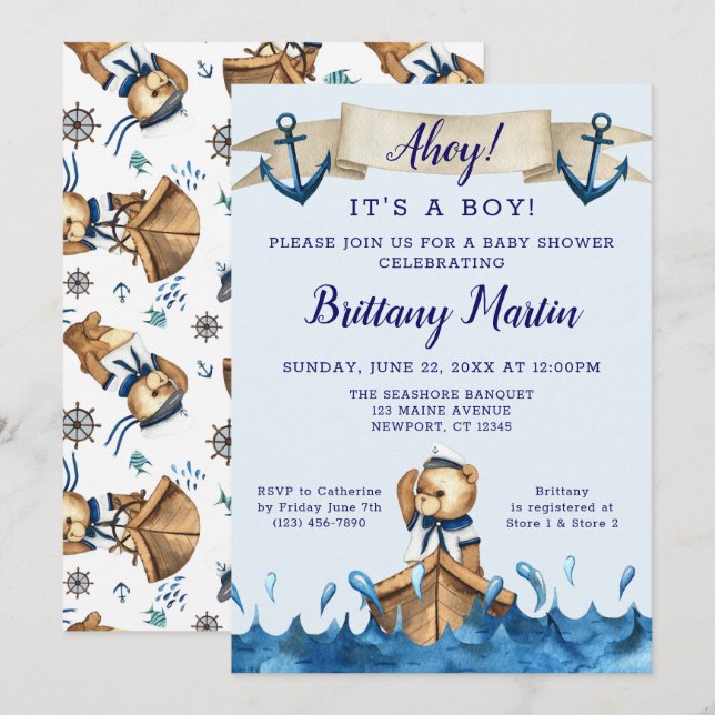 Blue Nautical Anchor Sailor Bear Baby Shower Inbjudningar (Fram/baksida)