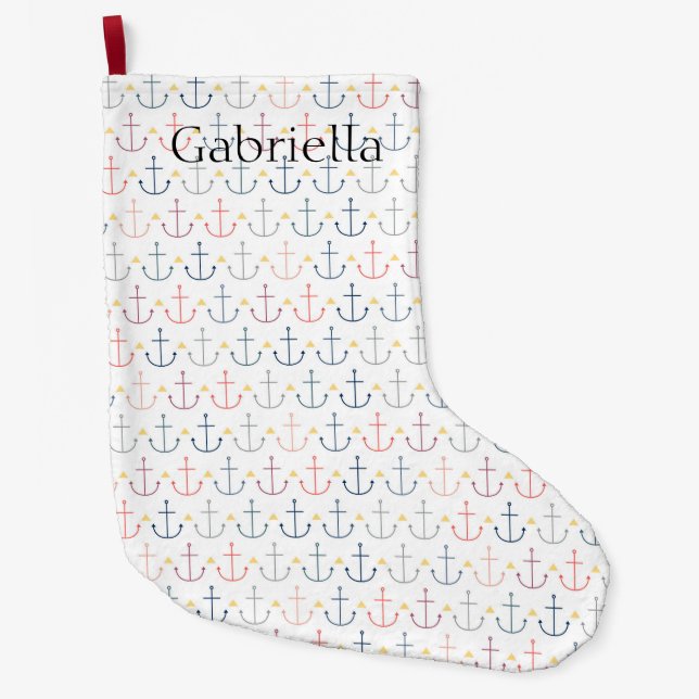 Blue Nautical Anchors Stor Julstrumpa (Framsidan)