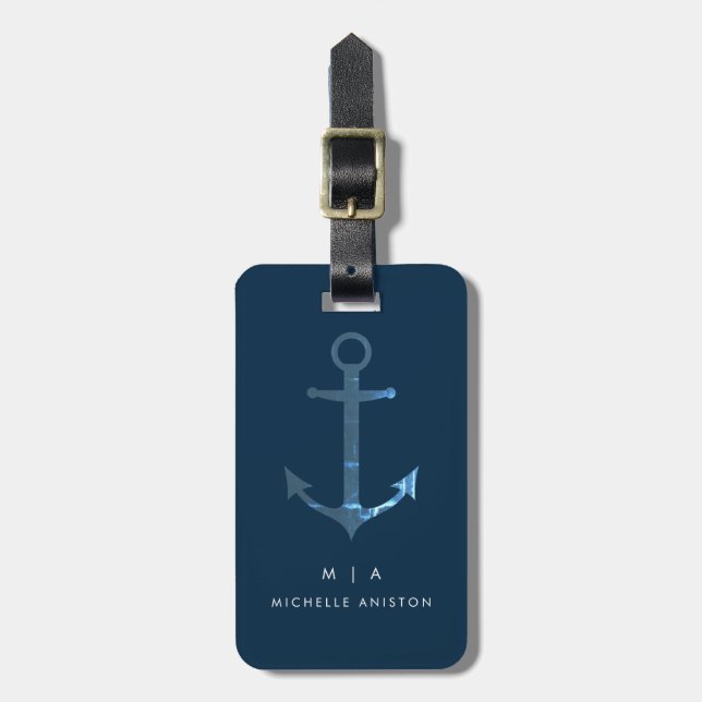 Blue Nautical Boat Anchor | MonogramAnpassningsbar Bagagebricka (Vertikal Framsida)