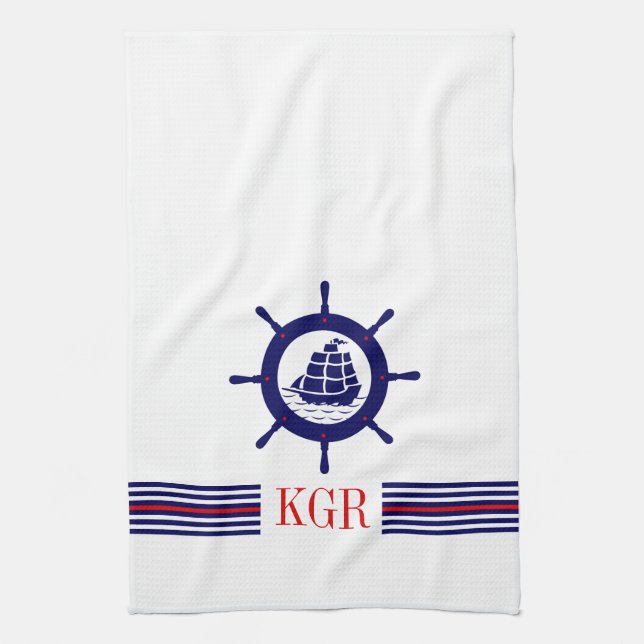 Blue Nautical Boat Wheel Monogram & Rand Kökshandduk (Vertikal)