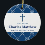 Blue Nautical Knot Classic Beach Boy Baptism Julgransprydnad Keramik<br><div class="desc">Blue Nautical Knot Classic Beach Boy Baptism Ceramic Ornament med vackra klassiska blå och rep-knappdetaljer. Anpassa med din anpassningsbar på både framsidan och baksidan.</div>