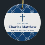 Blue Nautical Knot Classic Beach Boy Baptism Julgransprydnad Keramik<br><div class="desc">Blue Nautical Knot Classic Beach Boy Baptism Ceramic Ornament med vackra klassiska blå och rep-knappdetaljer. Anpassa med din anpassningsbar på både framsidan och baksidan.</div>