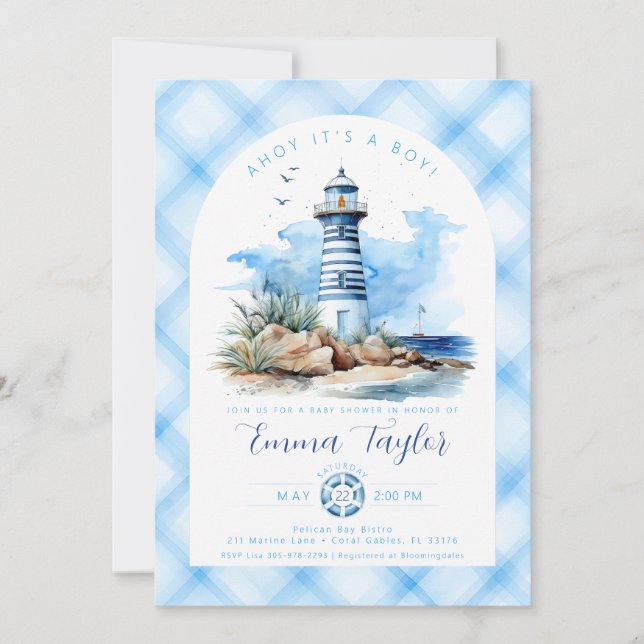 Blue Nautical Lighthouse Boy Baby Shower Inbjudningar (Framsida)