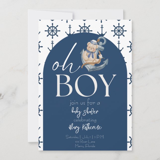 Blue Nautical Nalle Baby Shower Inbjudningar (Framsida)