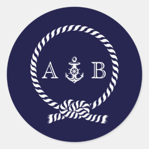Blue Nautical Rope och Anchor Monogram Runt Klistermärke
