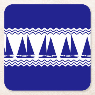 Blue Nautical Sailboat Coastal Rand Underlägg Papper Kvadrat