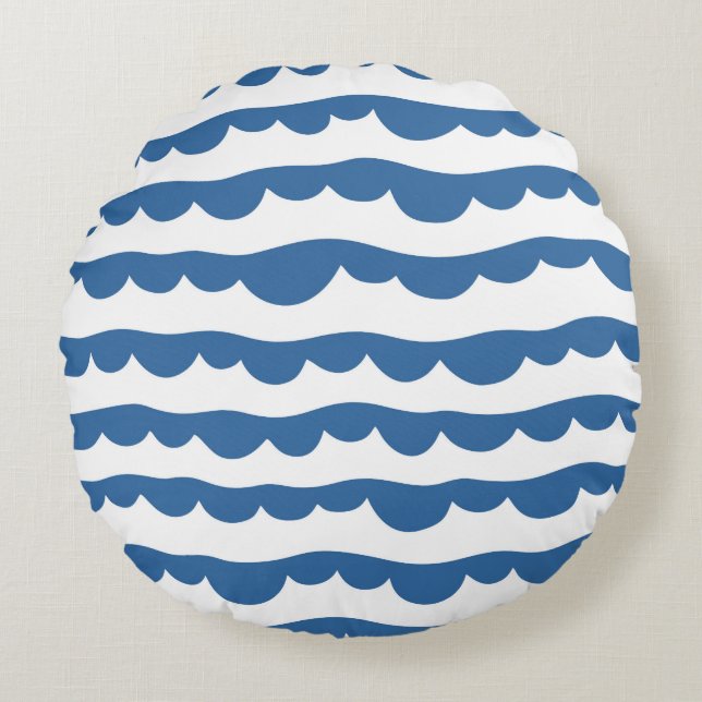 Blue Nautical Scallop Kant Sketch Mönster Rund Kudde (Framsidan)