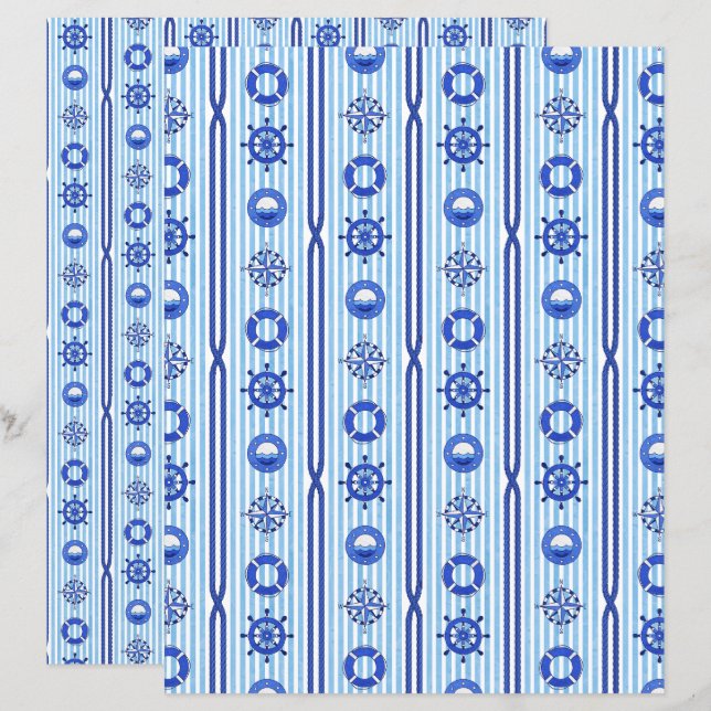 Blue Nautical Stripes Scrapbook Paper (Fram/baksida)