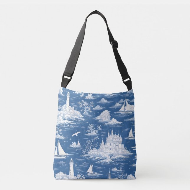 Blue Nautical Toile de Jouy Axelväska (Framsida)
