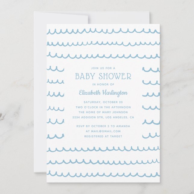 Blue Nautical Vågar Baby Shower | Modern kust Inbjudningar (Framsida)