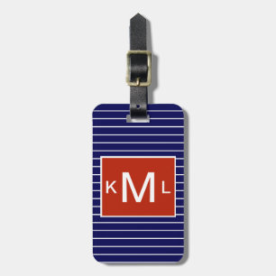 Blue Nautical Vågrät Rand Red Monogram Bagagebricka