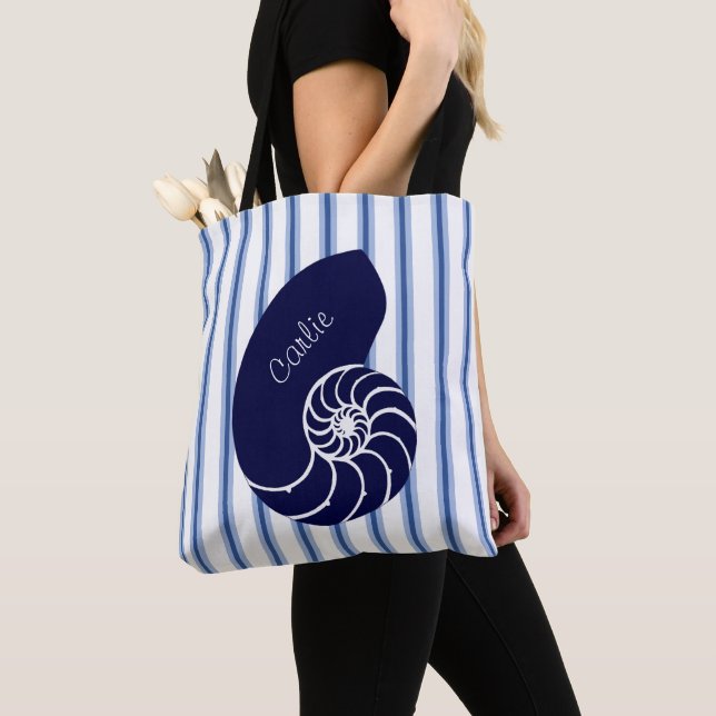 Blue Nautilus Snäcka Anpassningsbar Tote Bag Tygkasse (Närbild)