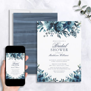 Blue Navy Blåa blommor Rustic Möhippa Inbjudningar