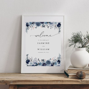 Blue & Navy Blommigt Bröllop Välkommen 2 Poster