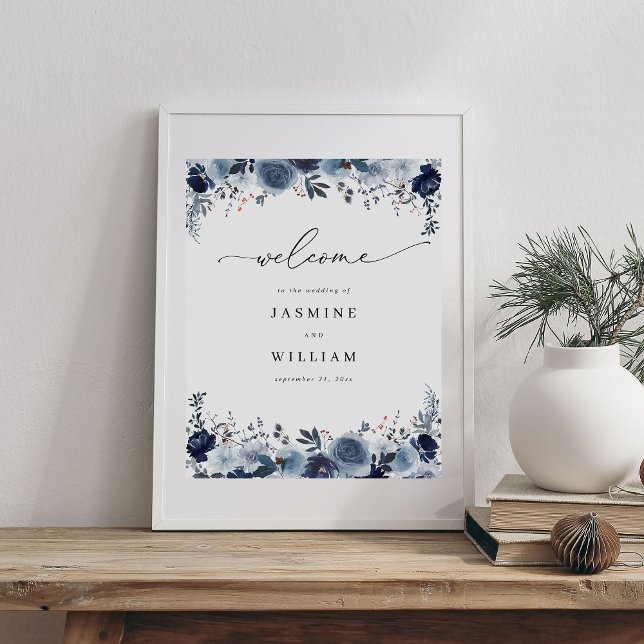 Blue & Navy Blommigt Bröllop Välkommen 2 Poster (Skapare uppladdad)