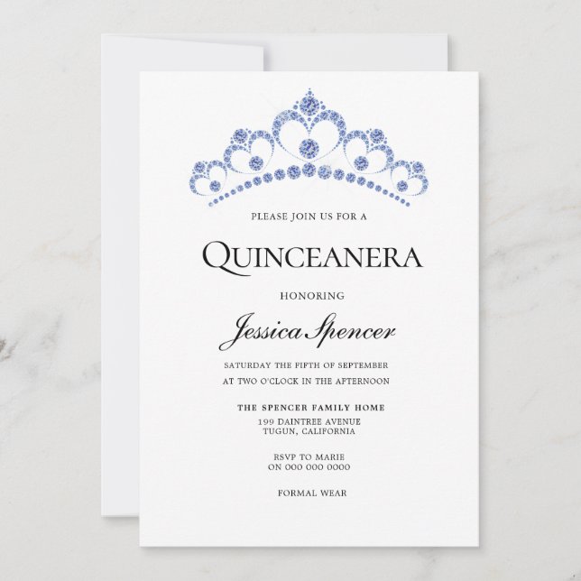 Blue & Navy Diamond Tiara Quinceanera Inbjudan (Framsida)