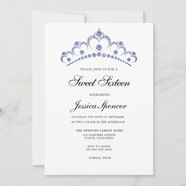 Blue & Navy Diamond Tiara Sweet 16 Party Inbjudan (Framsida)