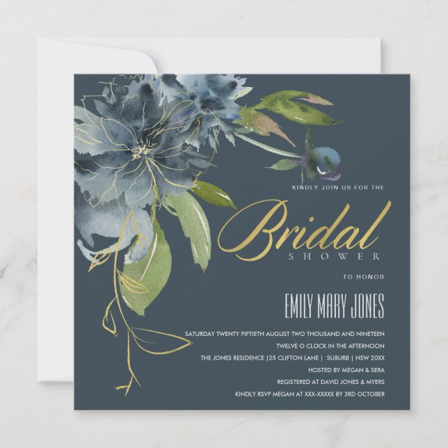 BLUE NAVY GULD BLOMMIGT BOHO BLOOMS MÖHIPPA INBJUDNINGAR (Framsida)