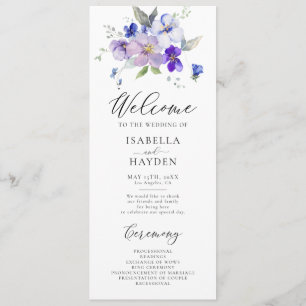 Blue Navy Lavender Lilac Blommigt Rustic Bröllop Program