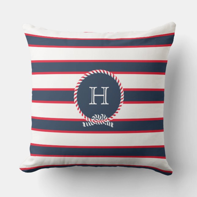 Blue Navy Red White Nautical Monogram Rand Kudde (Framsida)