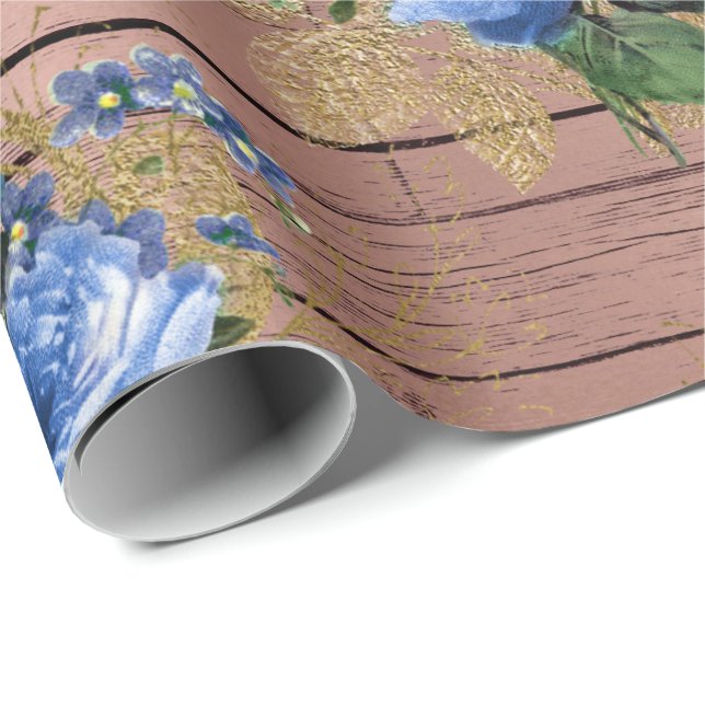 Blue Navy Ro Wood Rustic Blommigt Möhippa Presentpapper (Rullad Hörn)