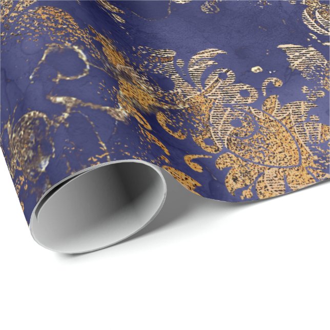 Blue Navy Warm Guld Blommigt Grungy Shabby chic Presentpapper (Rullad Hörn)