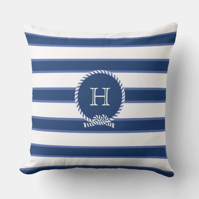 Blue Navy White Nautical Monogram Modern Rand O Kudde (Framsida)