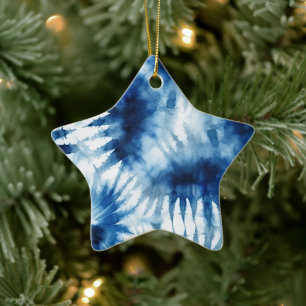 Blue Navy White Rand Tie Dye Julgransprydnad Keramik