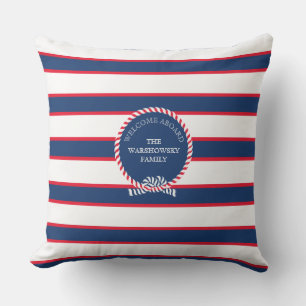 Blue Navy White Red Nautical Monogram Rand Kudde
