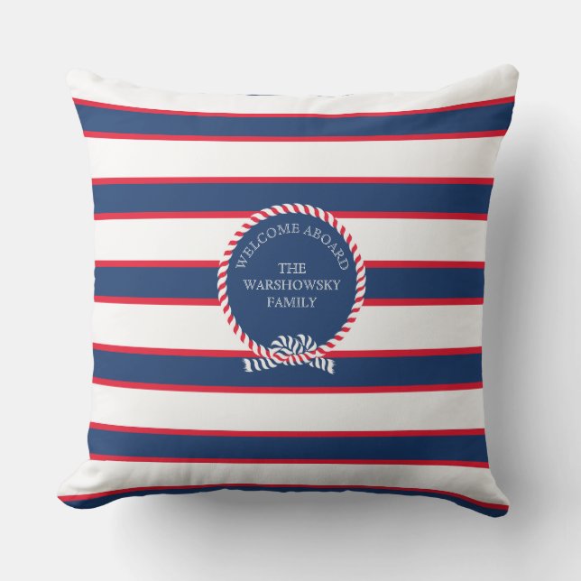 Blue Navy White Red Nautical Monogram Rand Kudde (Framsida)