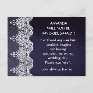 Blue Navy White Snöre blir min bridesmaid Inbjudan Vykort