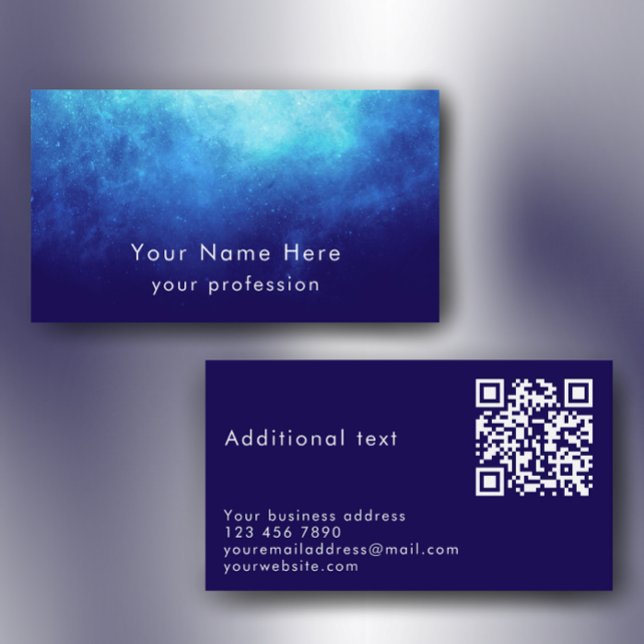 Blue Nebula Anpassad Text Cool Modern QR-kod Visitkort (Personalize these unique blue nebula modern custom business card templates.)