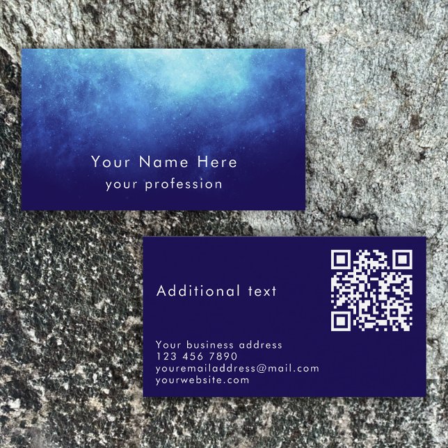 Blue Nebula Custom Text Cool Modern QR Code Visitkort (Personalize this cool business card template for a unique blue nebula contact card.
)