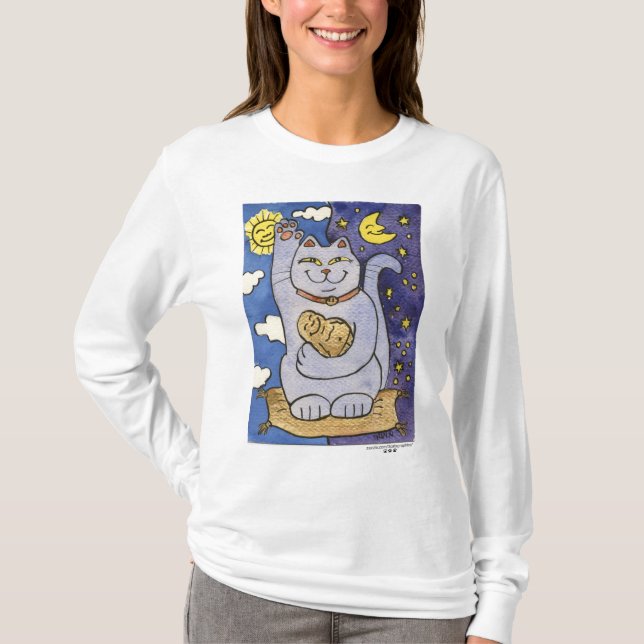 Blue Neko med Buddha på Guld Pillow T Shirt (Framsida)