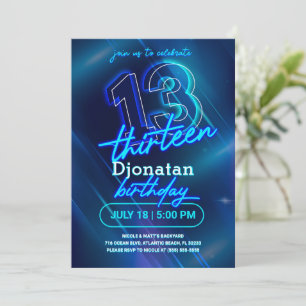 Blue Neon 13:e Födelsedagsfest inbjudan-kortet Inbjudningar