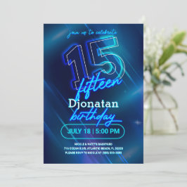 Blue Neon 15:e Födelsedagsfest inbjudan-kortet Inbjudningar