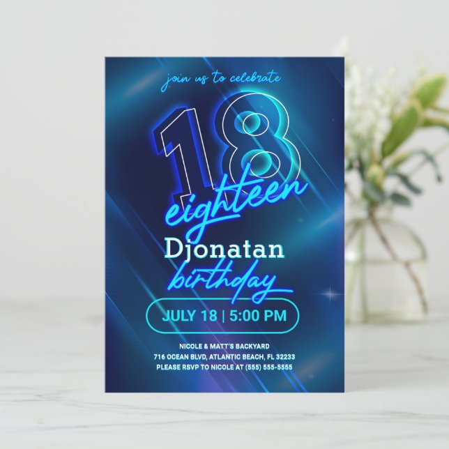 Blue Neon 18:e Födelsedagsfest inbjudan-kortet Inbjudningar (Stående Fram)