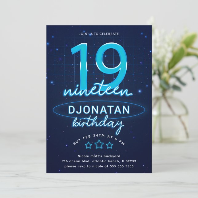 Blue Neon 19:e Födelsedagsfesten Låt oss Glow Craz Inbjudningar (Stående Fram)