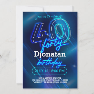 Blue Neon 40th Birthday Party Invitation Card Inbjudningar