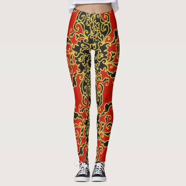 Blue Neon Abstrakt Line Art Trendig Red Leggings (Framsida)