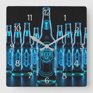 Blue Neon Beer Flaskor Fyrkantig Klocka
