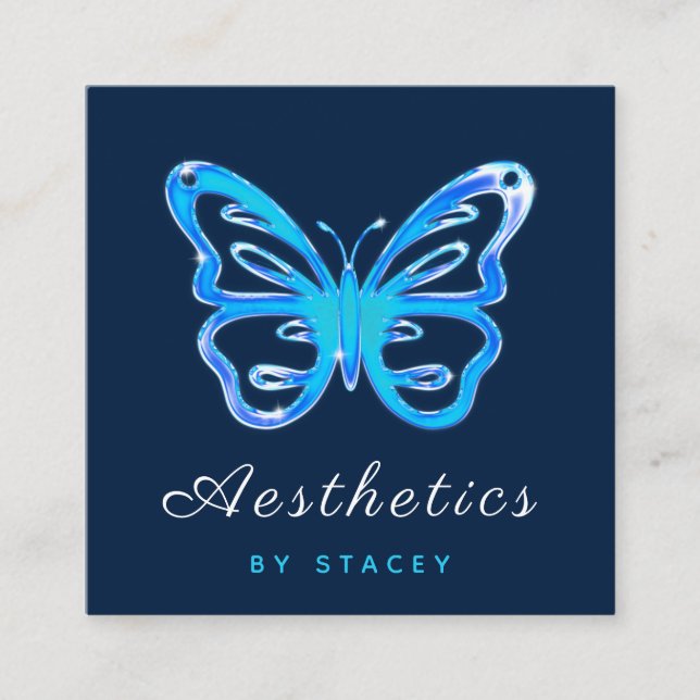 Blue Neon Butterfly Aesthetic QR Code Social Media Fyrkantigt Visitkort (Framsida)