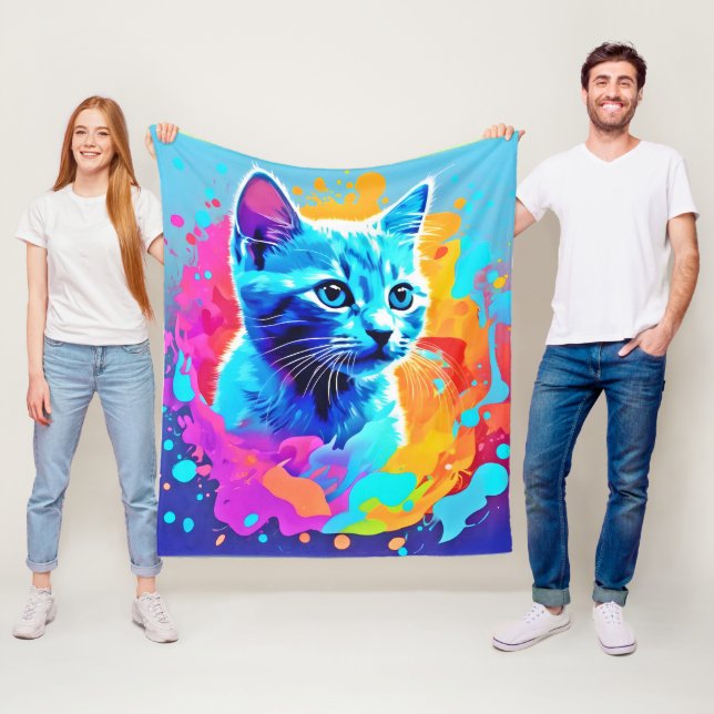 Blue Neon Cat in Splatter Fleecefilt (På plats)