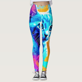 Blue Neon Cat in Splatter Leggings