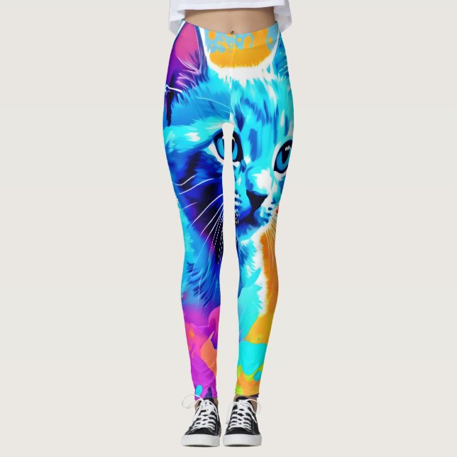 Blue Neon Cat in Splatter Leggings (Framsida)