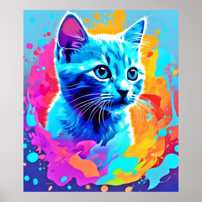 Blue Neon Cat in Splatter Poster (Framsidan)