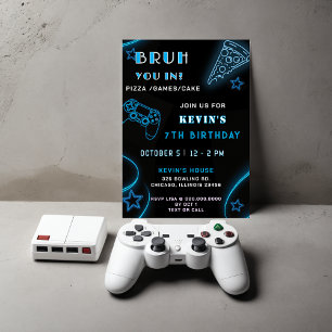 Blue Neon Glow Pizza Games Bruh Birthday Inbjudningar