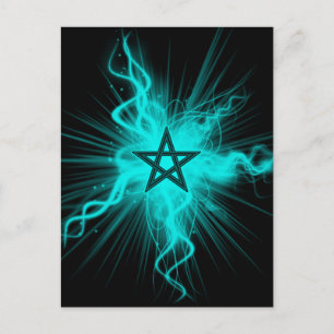 Blue Neon Glowing Pentagram - Pagan Symbol Vykort