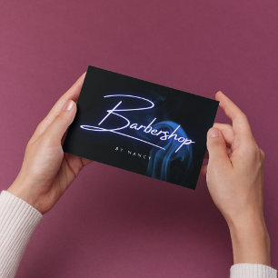 Blue Neon Handskrivet skript Barbershop Barber Visitkort